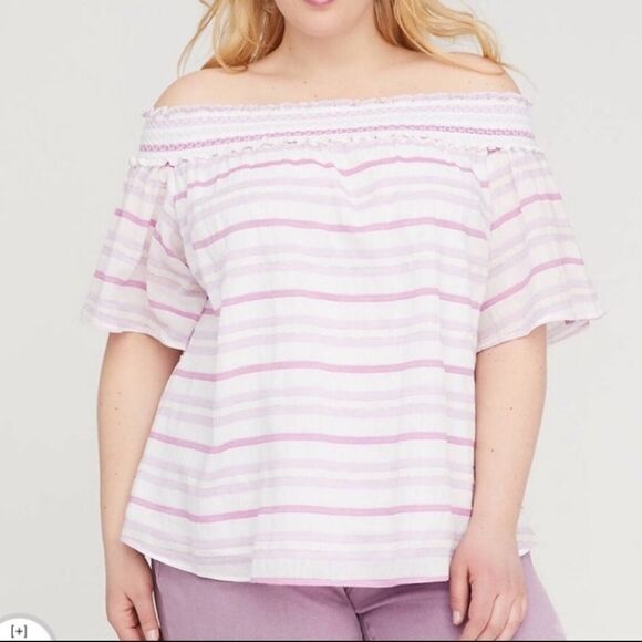 Lane Bryant 18/20 Off the Shoulder Flutter Sleeve Smocked Lavender Stripe Blouse - Picture 2 of 11
